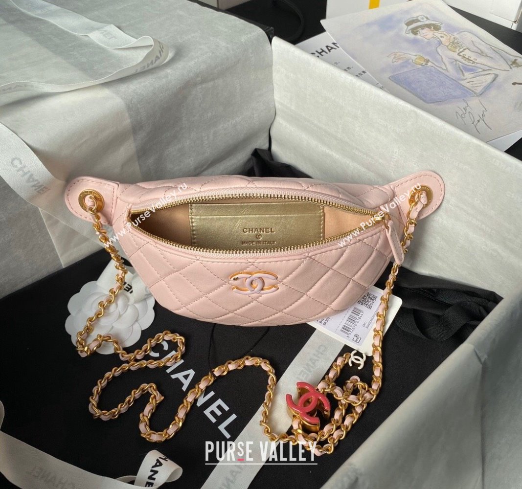 Chanel Shiny Lambskin Waist Bag with CC Charm Chain Light Pink 2024 AP4113 (yezi-240717081)