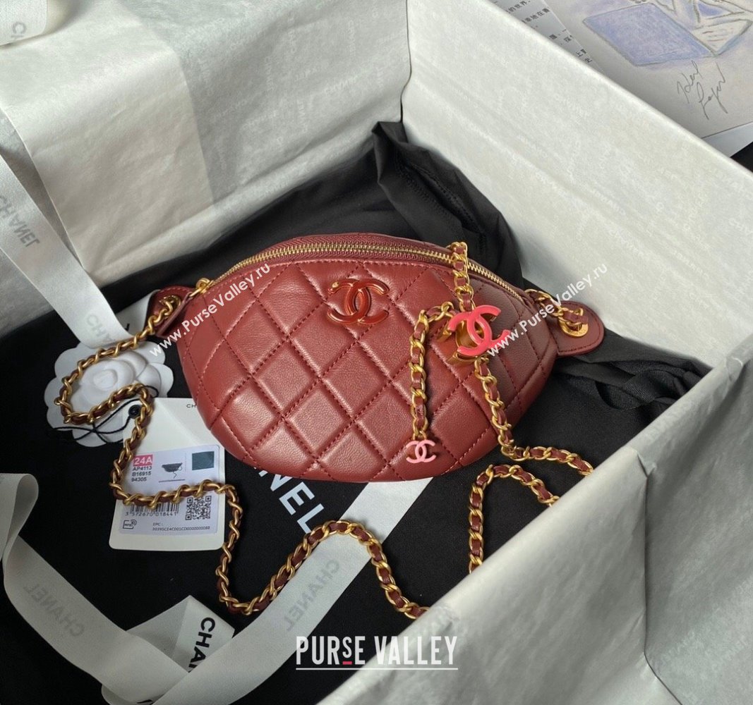 Chanel Shiny Lambskin Waist Bag with CC Charm Chain Burgundy 2024 AP4113 (yezi-240717082)