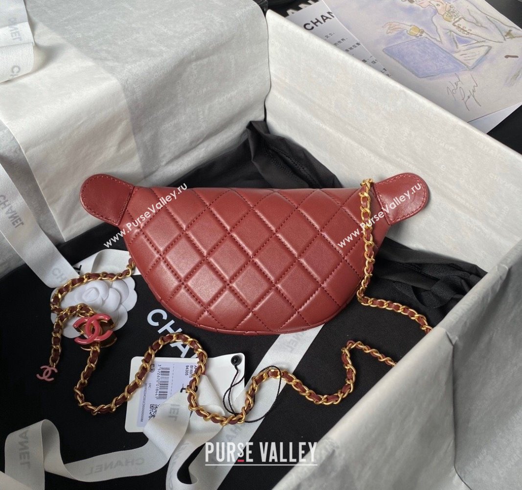 Chanel Shiny Lambskin Waist Bag with CC Charm Chain Burgundy 2024 AP4113 (yezi-240717082)