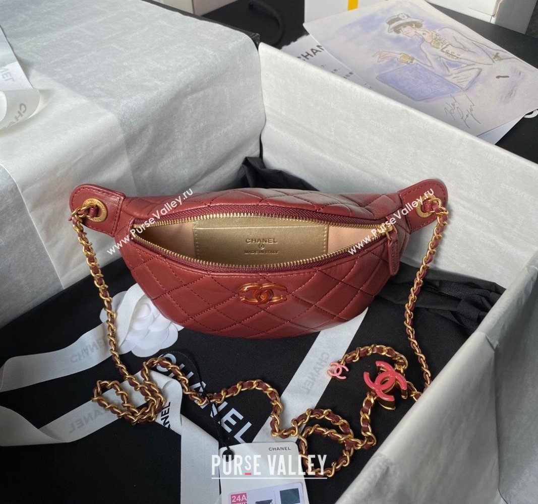 Chanel Shiny Lambskin Waist Bag with CC Charm Chain Burgundy 2024 AP4113 (yezi-240717082)