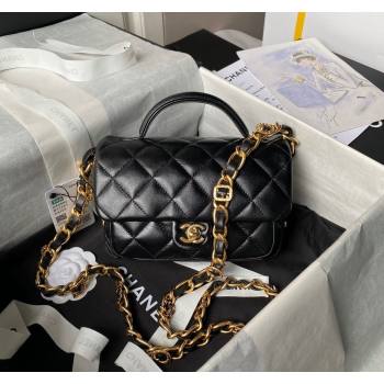 Chanel Shiny Lambskin Mini Flap Bag with Top Handle and Buckle Chain Black AS4992 2024 (yezi-240717092)