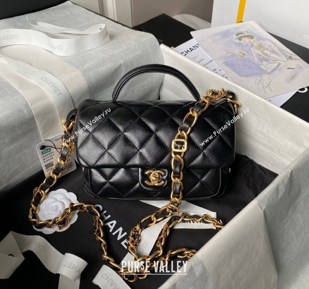 Chanel Shiny Lambskin Mini Flap Bag with Top Handle and Buckle Chain Black AS4992 2024 (yezi-240717092)