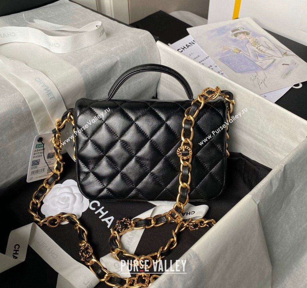 Chanel Shiny Lambskin Mini Flap Bag with Top Handle and Buckle Chain Black AS4992 2024 (yezi-240717092)