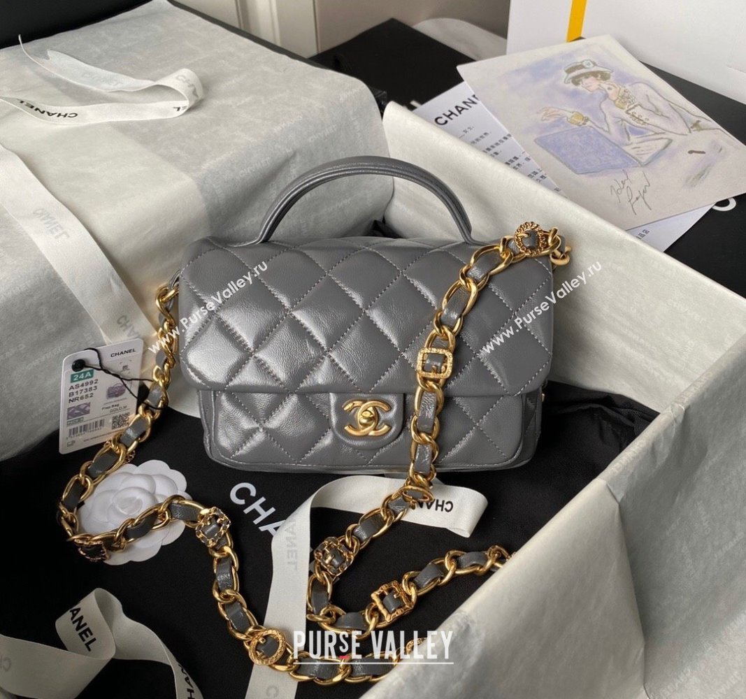 Chanel Shiny Lambskin Mini Flap Bag with Top Handle and Buckle Chain Grey AS4992 2024 (yezi-240717093)