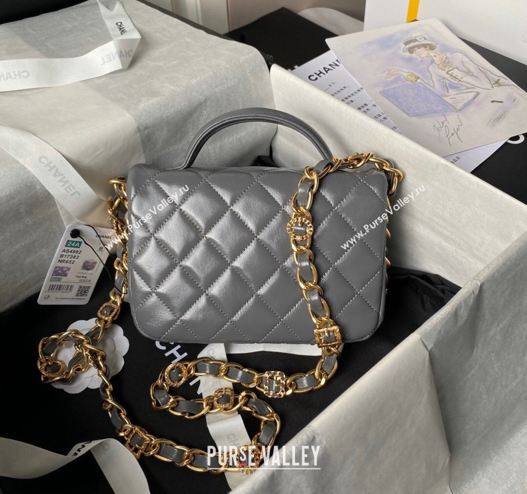 Chanel Shiny Lambskin Mini Flap Bag with Top Handle and Buckle Chain Grey AS4992 2024 (yezi-240717093)