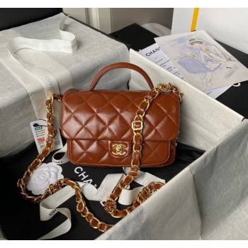 Chanel Shiny Lambskin Mini Flap Bag with Top Handle and Buckle Chain Brown AS4992 2024 (yezi-240717094)