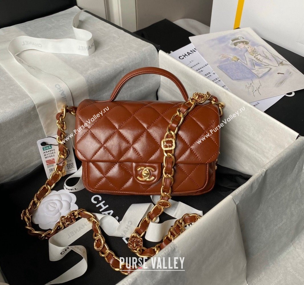 Chanel Shiny Lambskin Mini Flap Bag with Top Handle and Buckle Chain Brown AS4992 2024 (yezi-240717094)