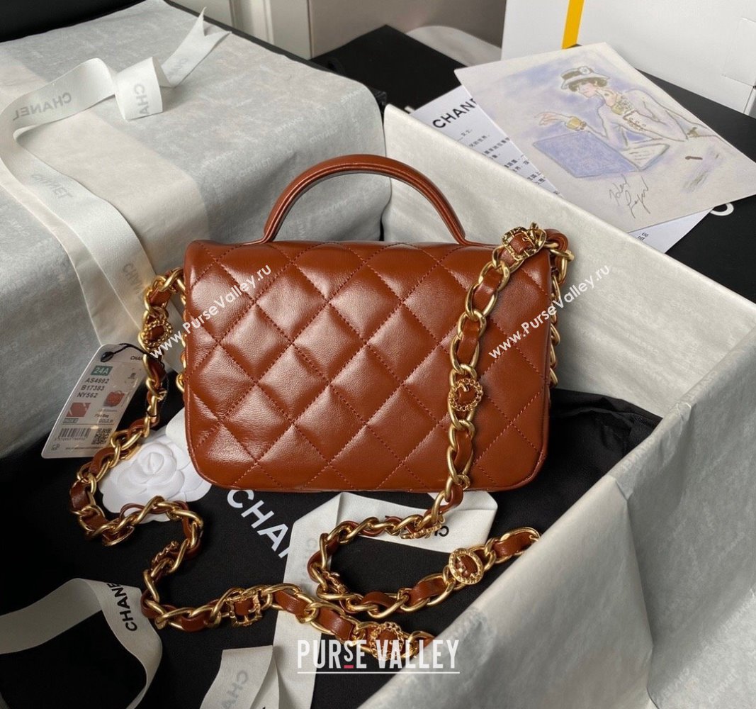 Chanel Shiny Lambskin Mini Flap Bag with Top Handle and Buckle Chain Brown AS4992 2024 (yezi-240717094)