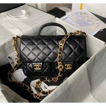 Chanel Shiny Lambskin Flap Bag with Top Handle and Pocket AS4993 Black 2024 (yezi-240717095)