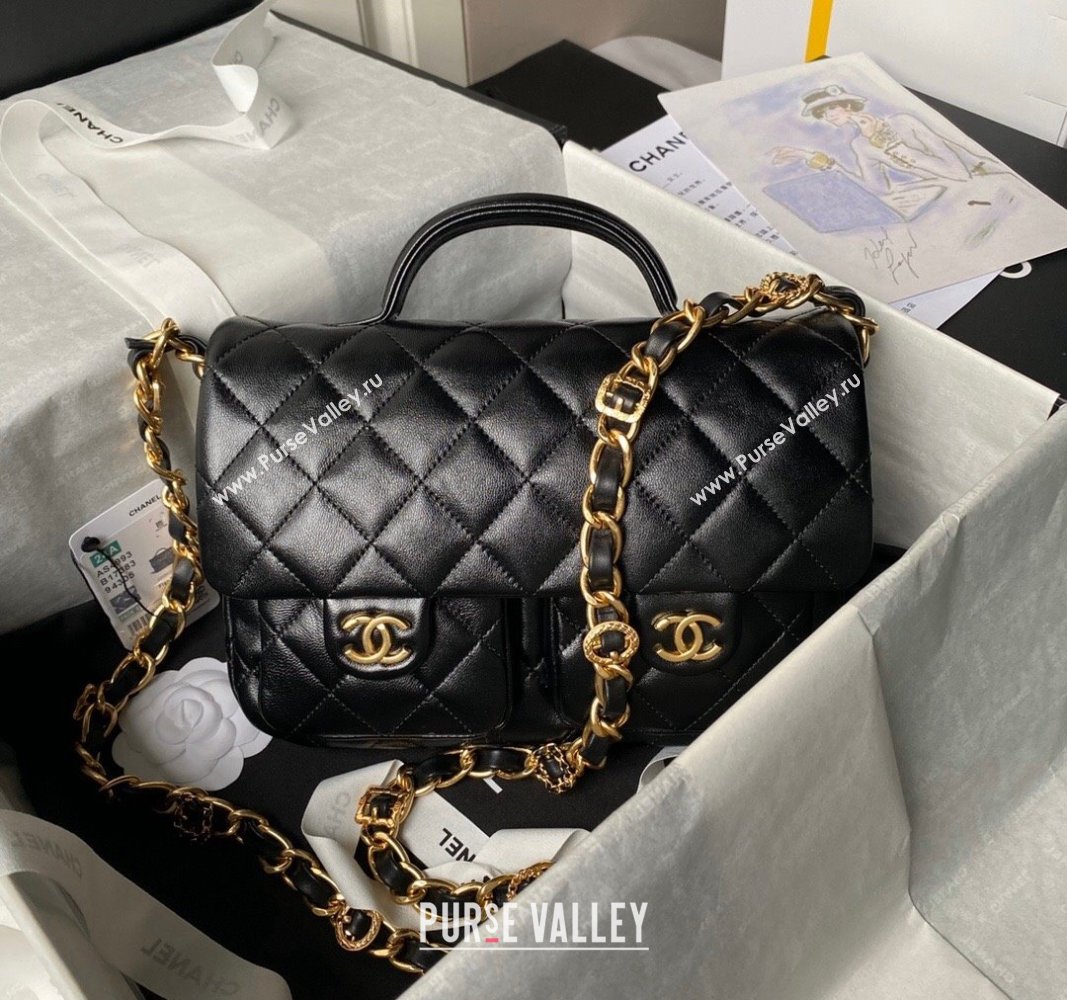 Chanel Shiny Lambskin Flap Bag with Top Handle and Pocket AS4993 Black 2024 (yezi-240717095)