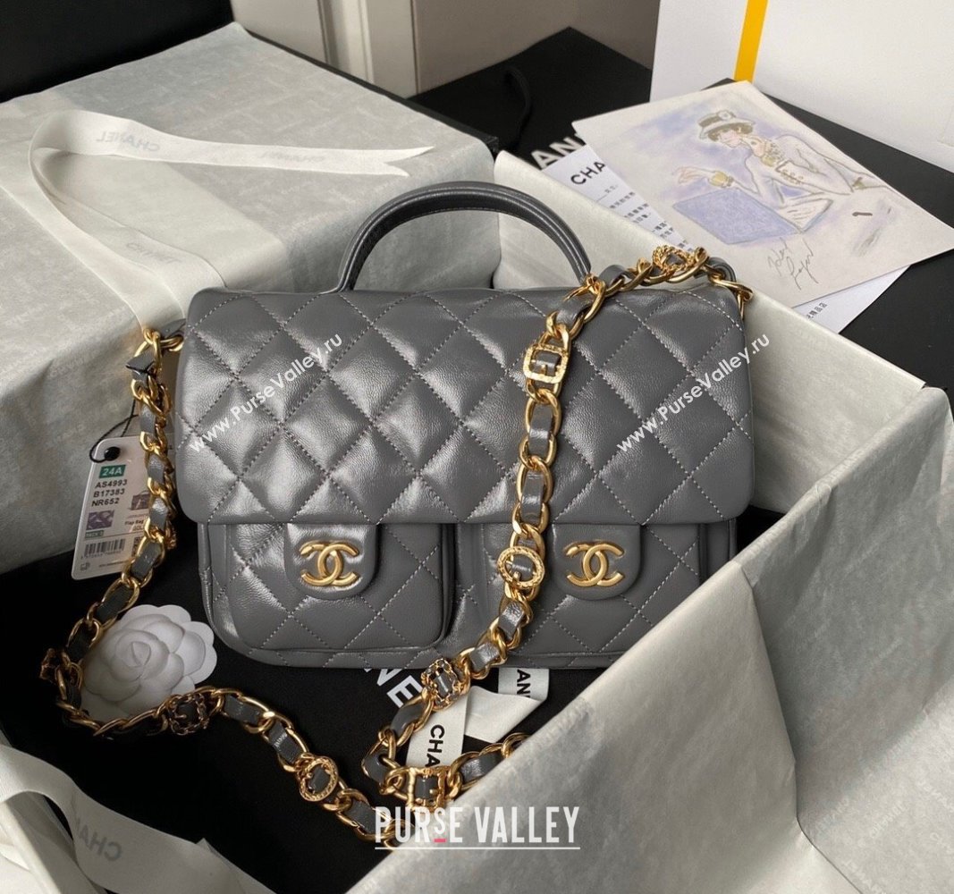 Chanel Shiny Lambskin Flap Bag with Top Handle and Pocket AS4993 Grey 2024 (yezi-240717096)