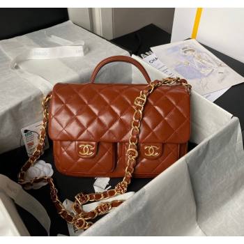 Chanel Shiny Lambskin Flap Bag with Top Handle and Pocket AS4993 Brown 2024 (yezi-240717097)