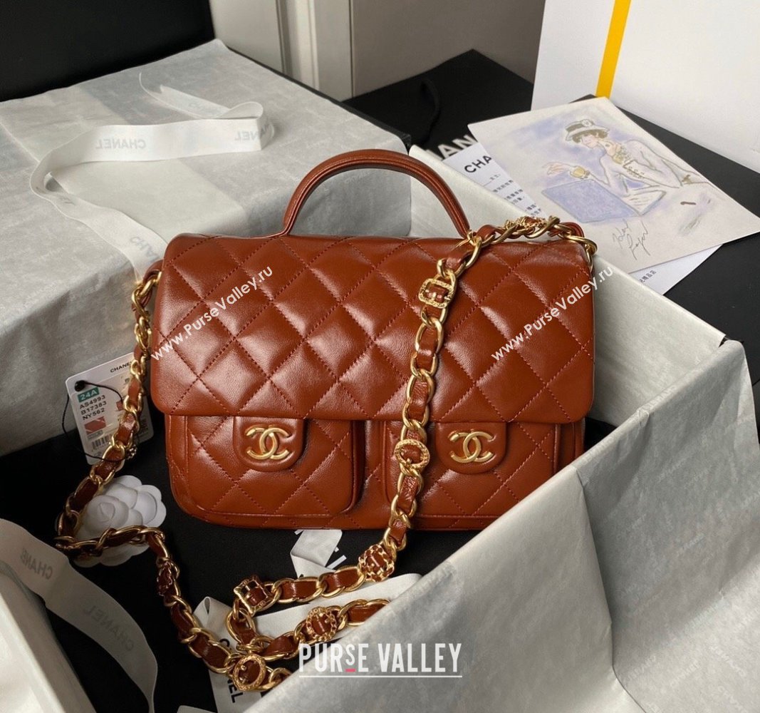 Chanel Shiny Lambskin Flap Bag with Top Handle and Pocket AS4993 Brown 2024 (yezi-240717097)