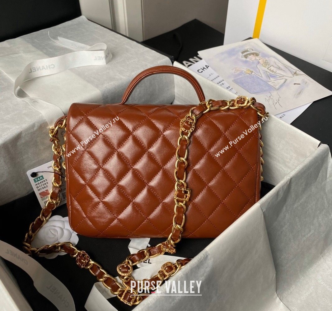 Chanel Shiny Lambskin Flap Bag with Top Handle and Pocket AS4993 Brown 2024 (yezi-240717097)