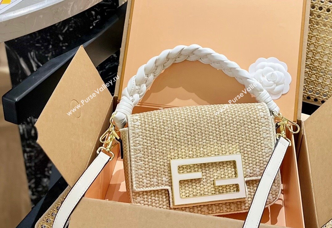 Fendi Baguette Medium Flap Bag in Straw White 2024 0513 (XMN-240513129)