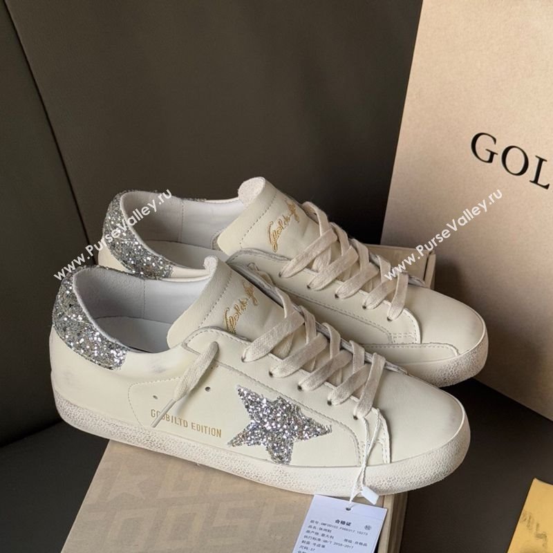 Golden Goose Women’s Super-Star with silver glitter star and heel tab in white leather 2025 0902 (13-250902099)