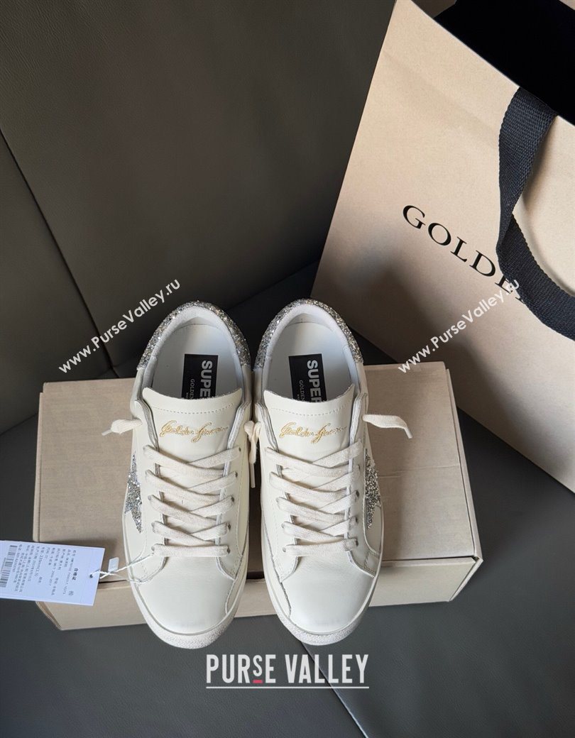Golden Goose Women’s Super-Star with silver glitter star and heel tab in white leather 2025 0902 (13-250902099)