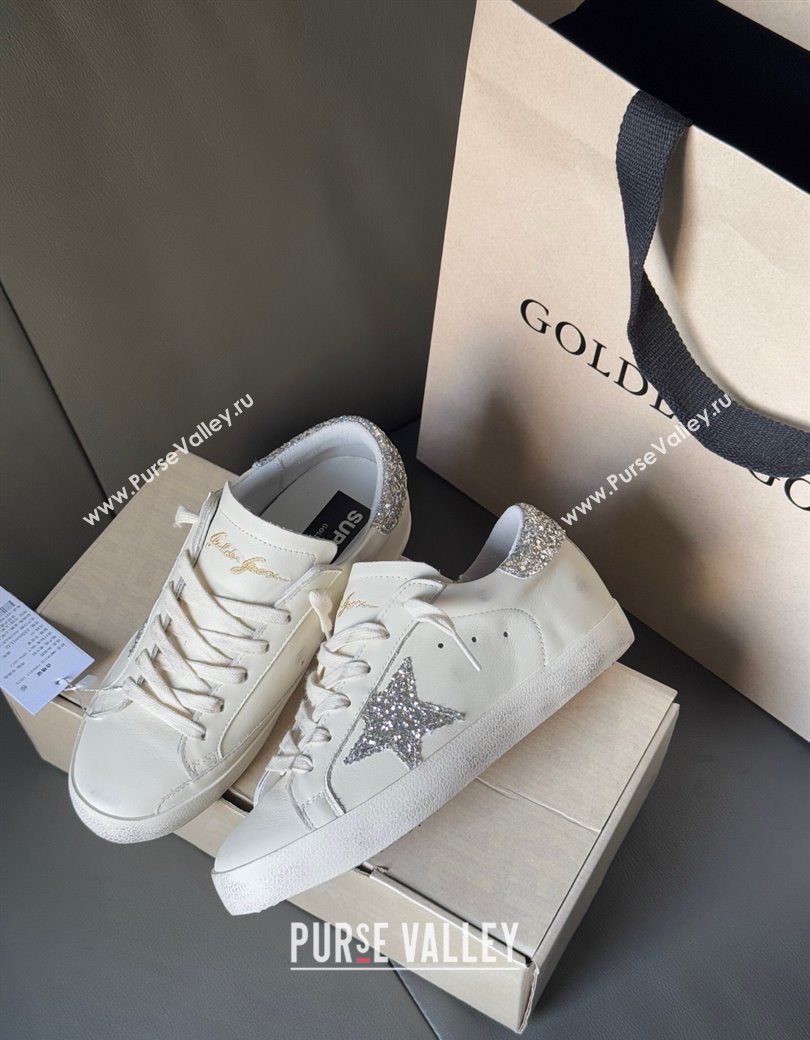 Golden Goose Women’s Super-Star with silver glitter star and heel tab in white leather 2025 0902 (13-250902099)