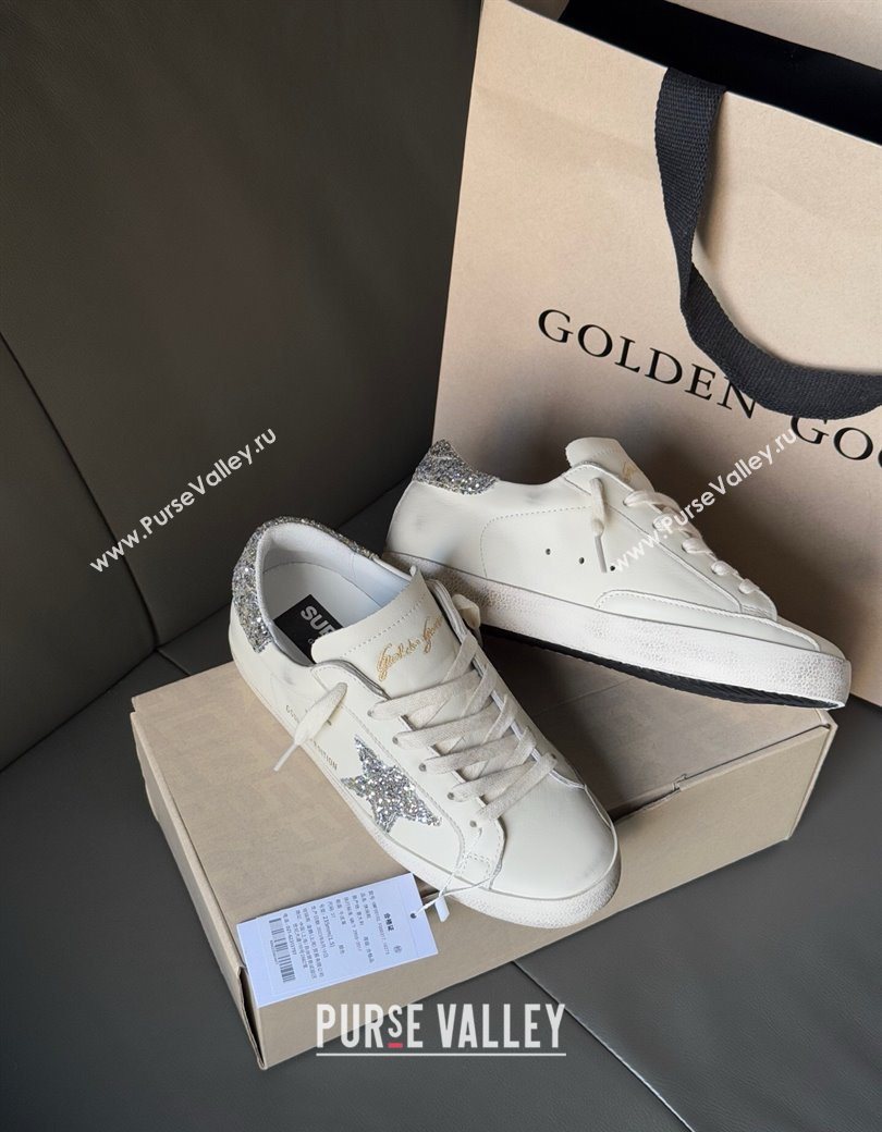 Golden Goose Women’s Super-Star with silver glitter star and heel tab in white leather 2025 0902 (13-250902099)