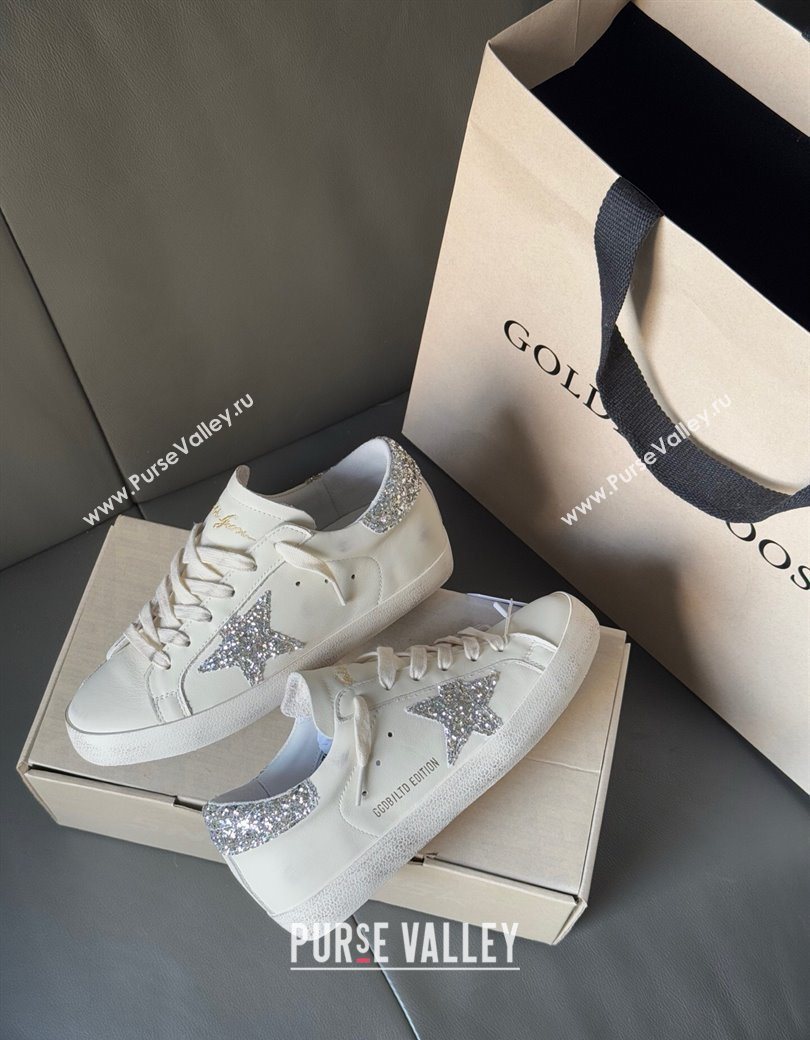 Golden Goose Women’s Super-Star with silver glitter star and heel tab in white leather 2025 0902 (13-250902099)