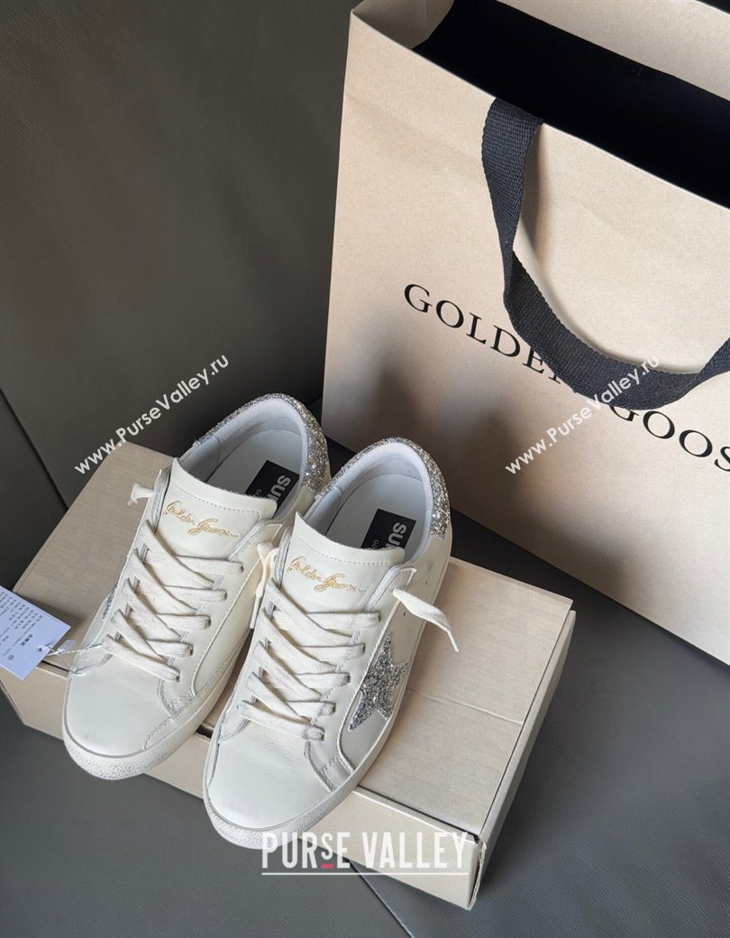 Golden Goose Women’s Super-Star with silver glitter star and heel tab in white leather 2025 0902 (13-250902099)