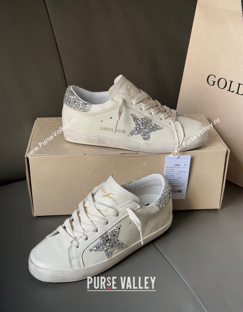 Golden Goose Women’s Super-Star with silver glitter star and heel tab in white leather 2025 0902 (13-250902099)