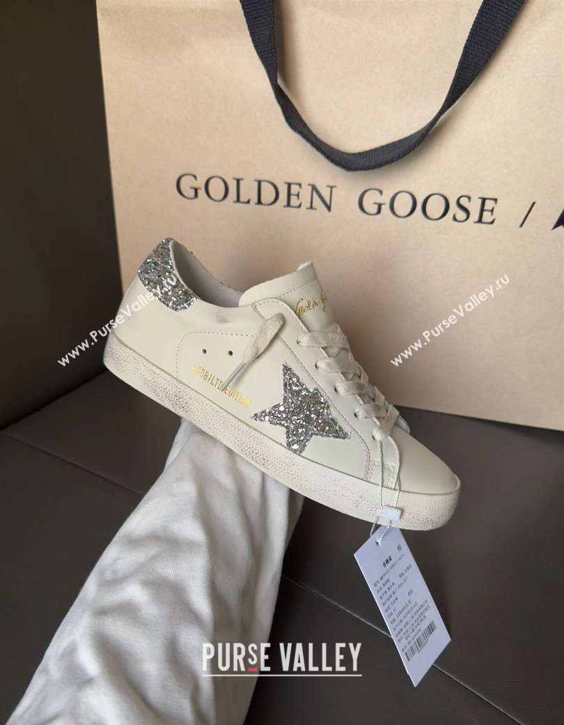 Golden Goose Women’s Super-Star with silver glitter star and heel tab in white leather 2025 0902 (13-250902099)
