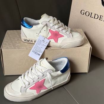 Golden Goose Super-Star Sneakers in white leather with pink star and blue tab 2025 0429 (MD-250429048)