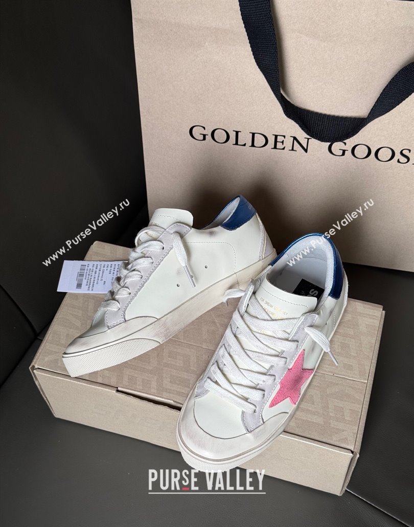 Golden Goose Super-Star Sneakers in white leather with pink star and blue tab 2025 0429 (MD-250429048)