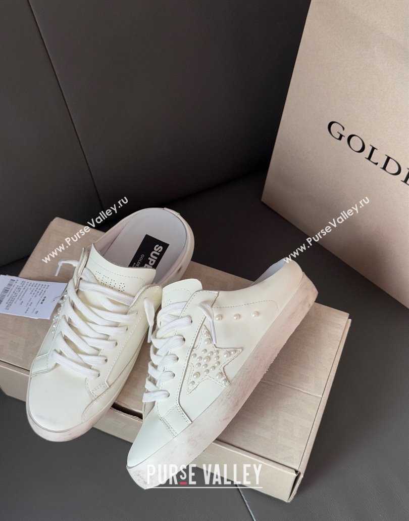 Golden Goose Super-Star Sabot Sneaker Mules in White Leather with Pearls 2025 0429 (MD-250429051)