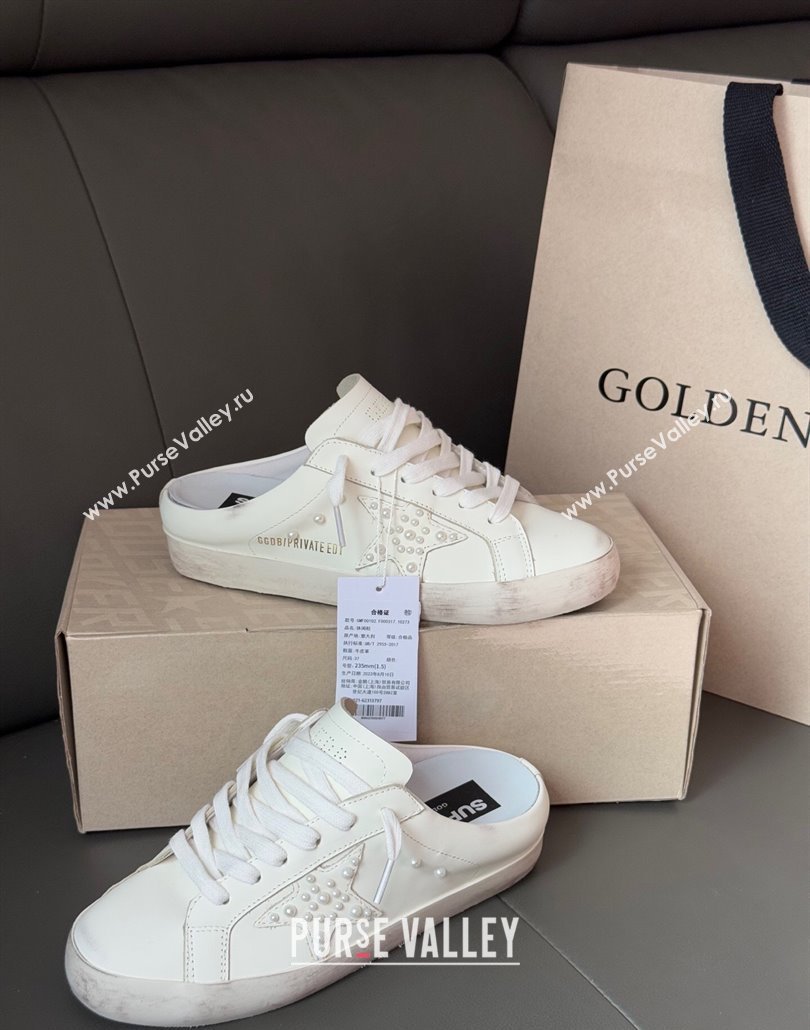 Golden Goose Super-Star Sabot Sneaker Mules in White Leather with Pearls 2025 0429 (MD-250429051)