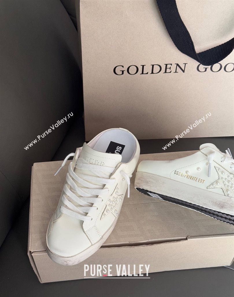 Golden Goose Super-Star Sabot Sneaker Mules in White Leather with Pearls 2025 0429 (MD-250429051)
