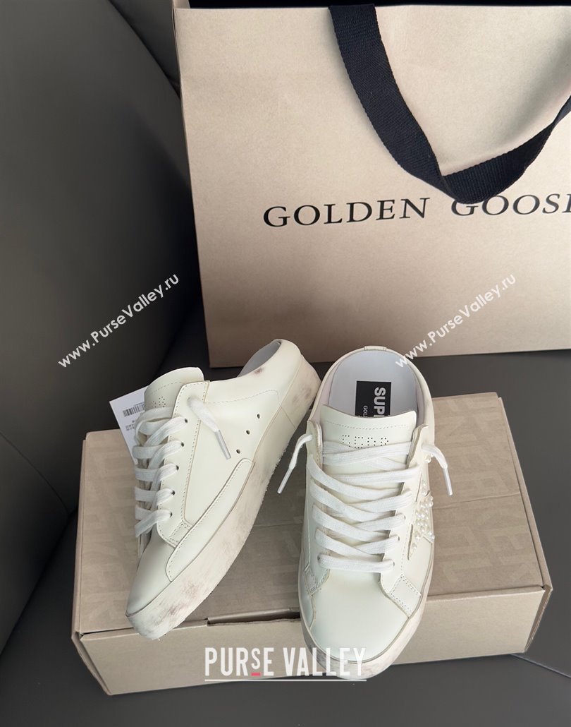 Golden Goose Super-Star Sabot Sneaker Mules in White Leather with Pearls 2025 0429 (MD-250429051)