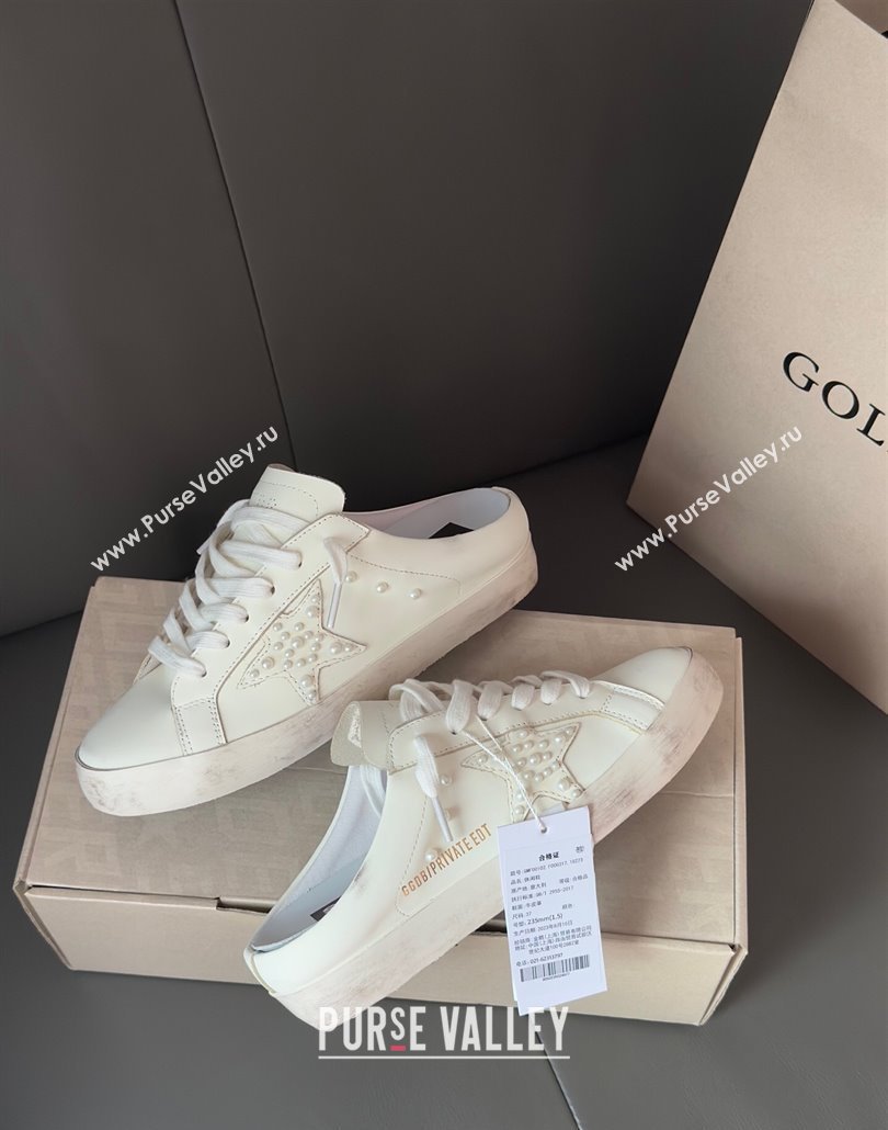 Golden Goose Super-Star Sabot Sneaker Mules in White Leather with Pearls 2025 0429 (MD-250429051)