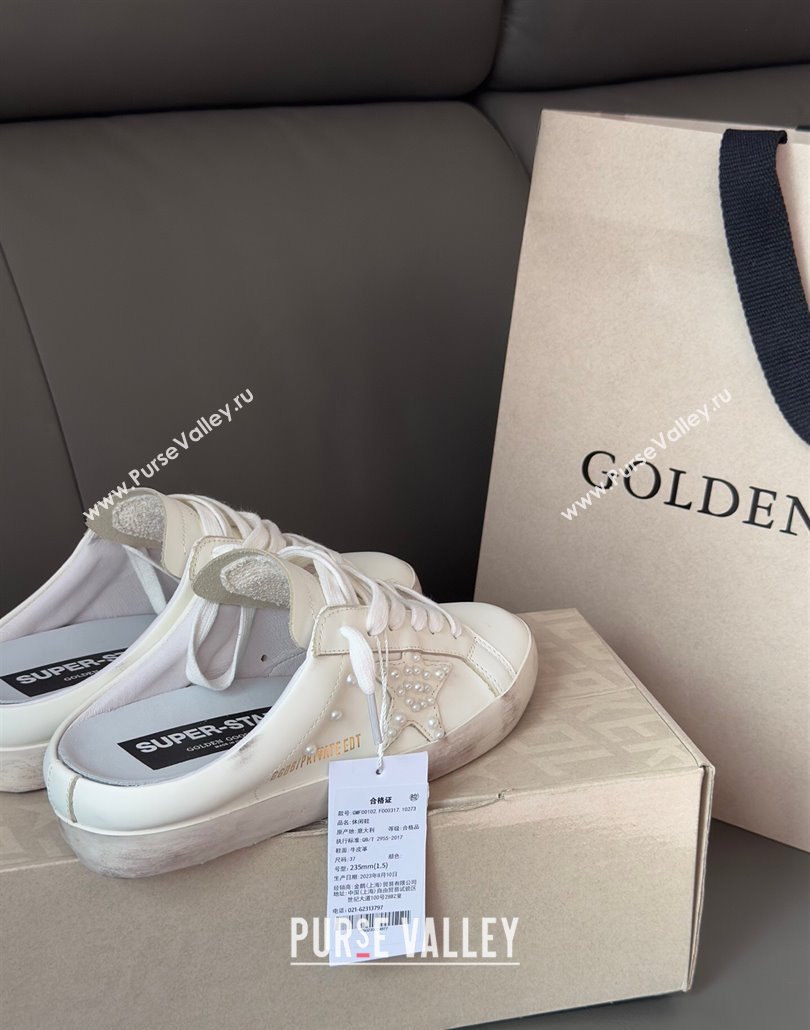 Golden Goose Super-Star Sabot Sneaker Mules in White Leather with Pearls 2025 0429 (MD-250429051)