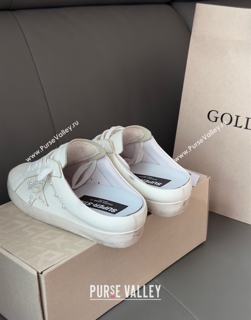 Golden Goose Super-Star Sabot Sneaker Mules in White Leather with Pearls 2025 0429 (MD-250429051)
