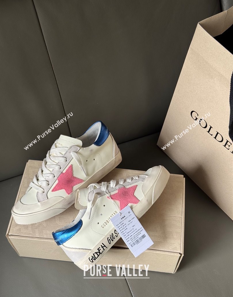 Golden Goose Super-Star Sneakers in white leather with pink star and blue tab 2025 0429 (MD-250429048)