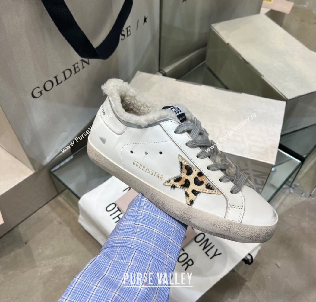 Golden Goose Womens Super-Star Sneakers in White Leather and Wool with Printed Star 2025 GGDB103104 (MD-251031060)