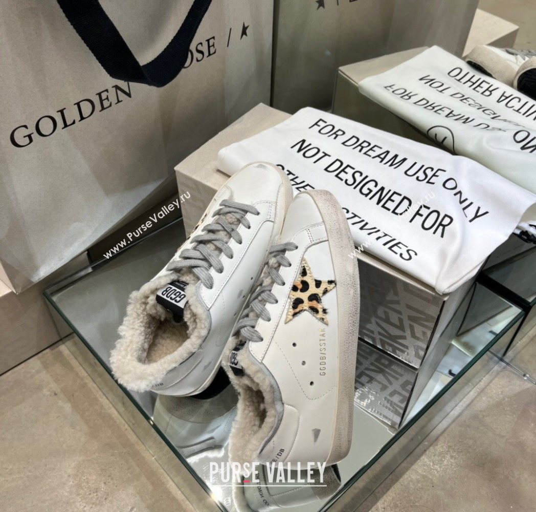 Golden Goose Womens Super-Star Sneakers in White Leather and Wool with Printed Star 2025 GGDB103104 (MD-251031060)