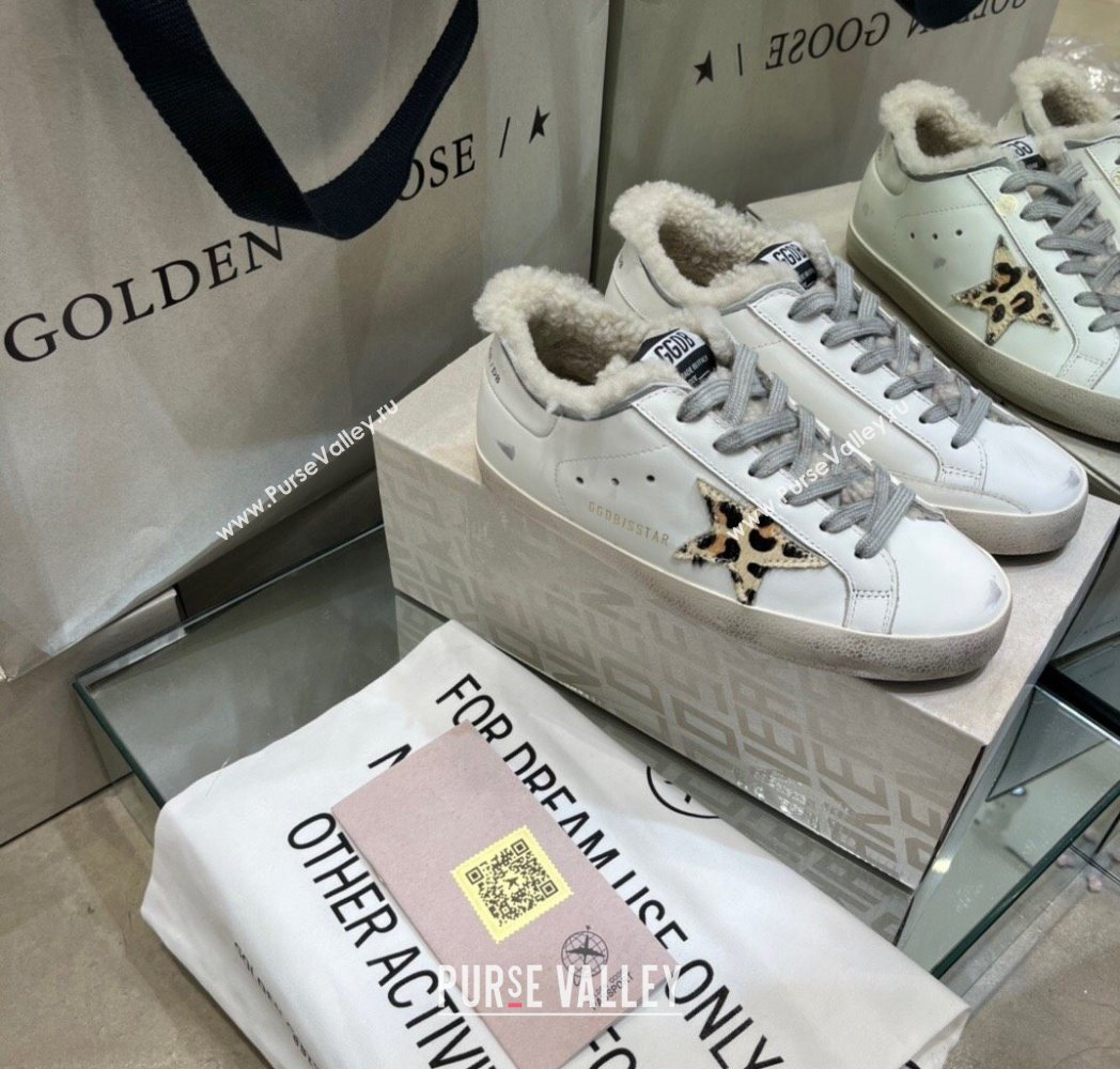 Golden Goose Womens Super-Star Sneakers in White Leather and Wool with Printed Star 2025 GGDB103104 (MD-251031060)