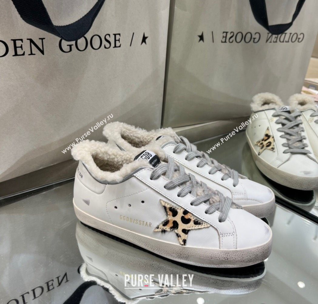 Golden Goose Womens Super-Star Sneakers in White Leather and Wool with Printed Star 2025 GGDB103104 (MD-251031060)