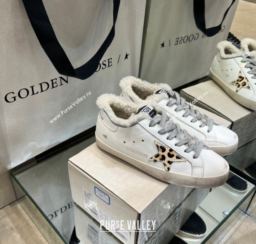 Golden Goose Womens Super-Star Sneakers in White Leather and Wool with Printed Star 2025 GGDB103104 (MD-251031060)