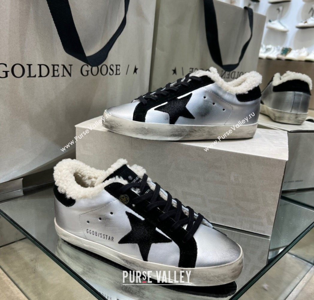 Golden Goose Womens Super-Star Sneakers in Silver Leather and Wool 2025 GGDB103106 (MD-251031062)