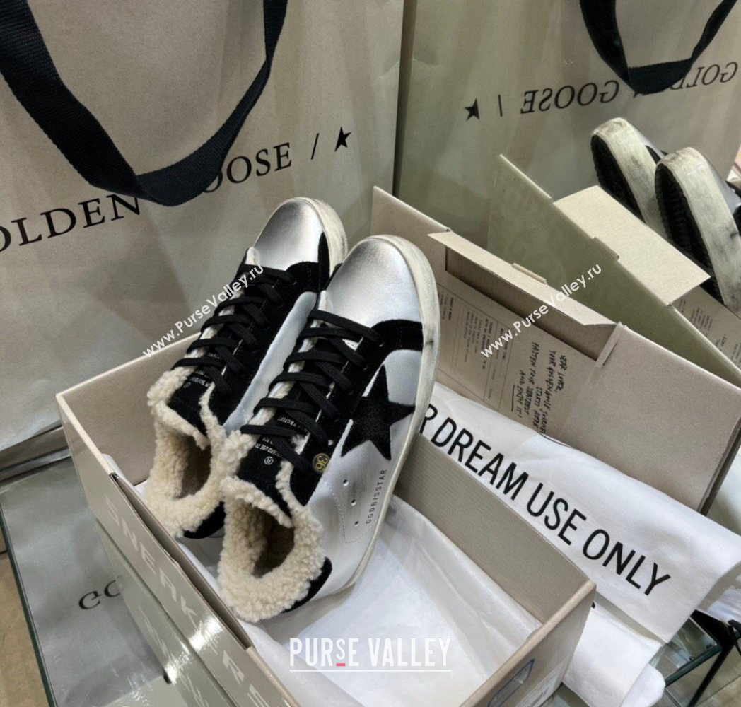 Golden Goose Womens Super-Star Sneakers in Silver Leather and Wool 2025 GGDB103106 (MD-251031062)