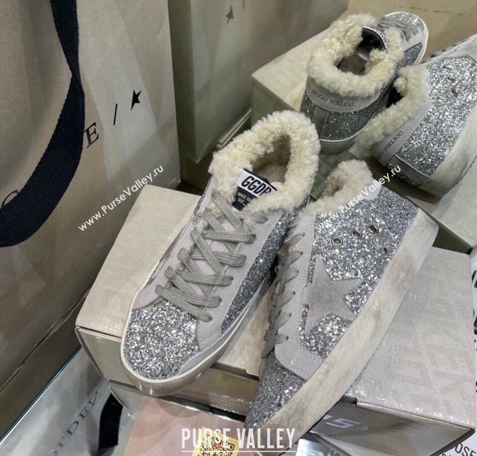 Golden Goose Womens Super-Star Sneakers in Silver Glitters and Wool 2025 GGDB103107 (MD-251031063)