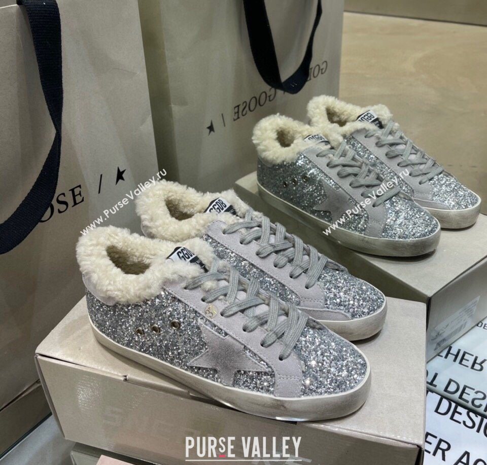 Golden Goose Womens Super-Star Sneakers in Silver Glitters and Wool 2025 GGDB103107 (MD-251031063)