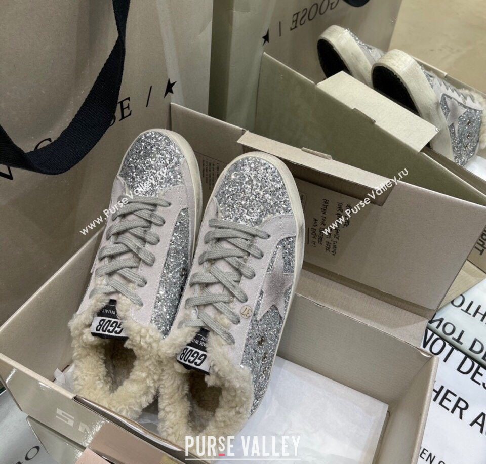 Golden Goose Womens Super-Star Sneakers in Silver Glitters and Wool 2025 GGDB103107 (MD-251031063)