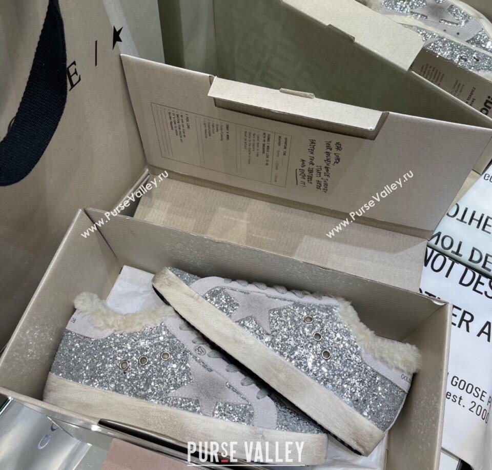 Golden Goose Womens Super-Star Sneakers in Silver Glitters and Wool 2025 GGDB103107 (MD-251031063)