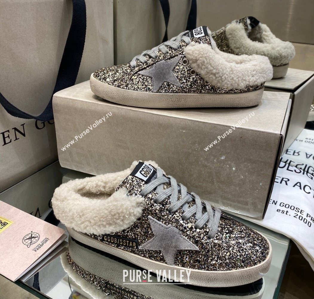 Golden Goose Womens Super-Star Sabots Sneaker in Gold Glitter and Wool 2025 GGDB103111 (MD-251031066)