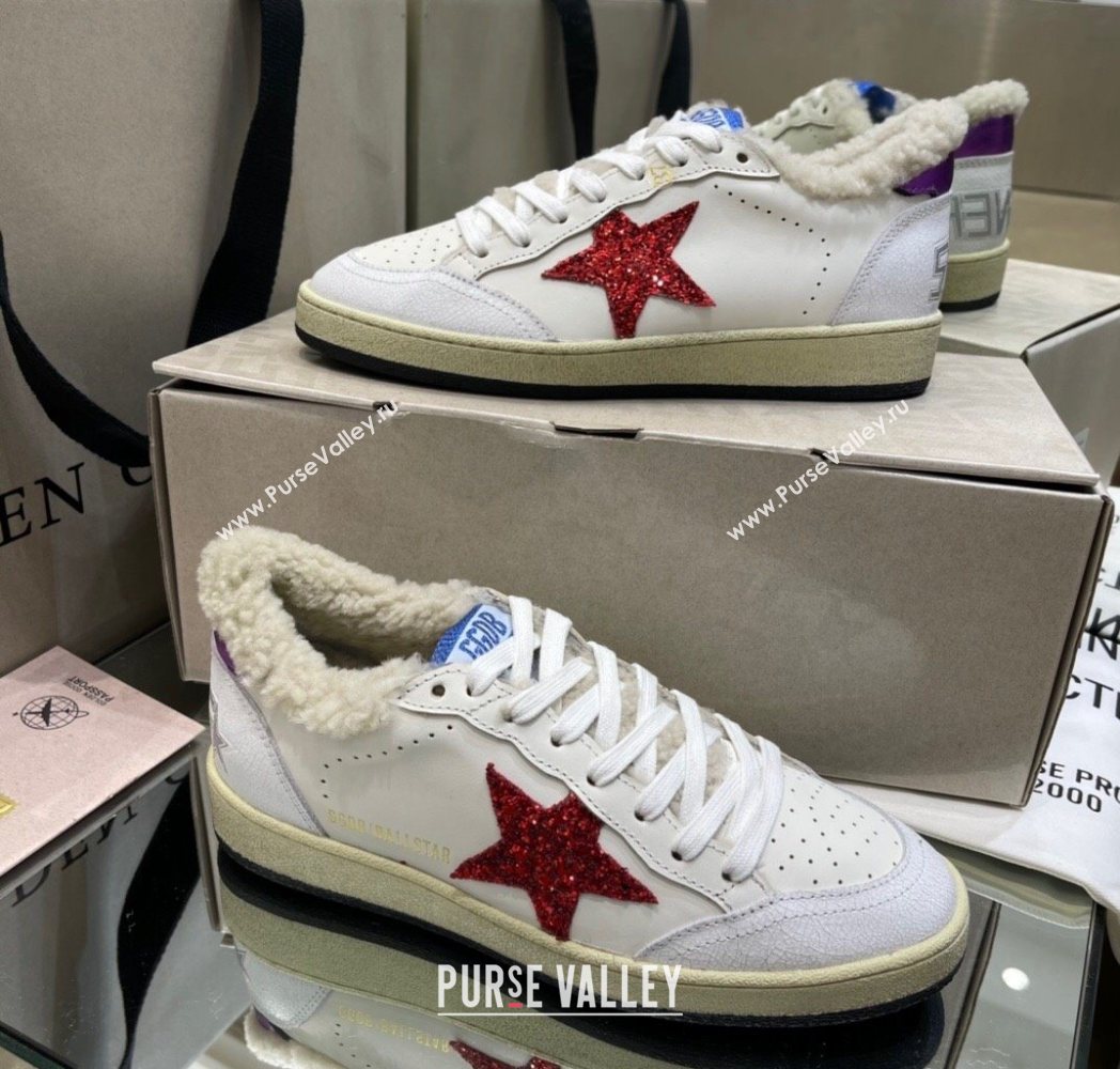 Golden Goose Womens Super-Star Sneakers in White Leather and Wool with Red Star 2025 GGDB103116 (MD-251031076)